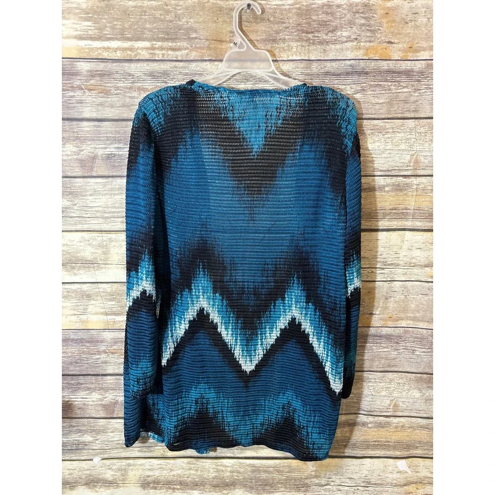 Chico's Easywear Teal Black Chevron Knit Open Front Cardigan Sweater Size 2 L 12